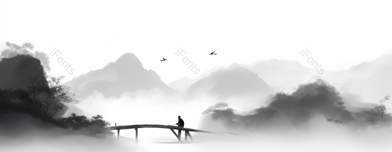 人坐在拱桥上中国风山水水墨画背景,插画/手绘图,插画/手绘图库,插画/手绘图下载,插画/手绘